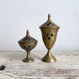 Vintage Brass Incense Burner Set of 2 Etched Pedestal Vented Lids